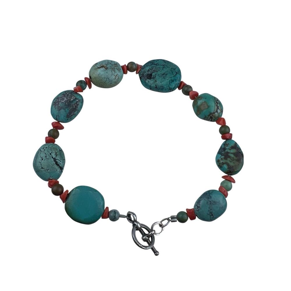 Beaded Turquoise Coral 8" Bracelet Sterling Silver Toggle Clasp